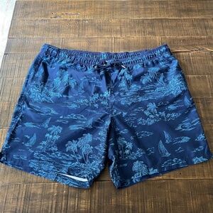 NWOT Lands' End Mens XXL Swim Trunks Blue Pattern Palm Trees & Boats